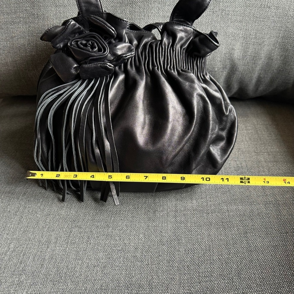 Vintage Ashneil Black Nappa Leather Rosette Fringe Slouchy Handbag Shoulder Bag - Picture 5 of 10
